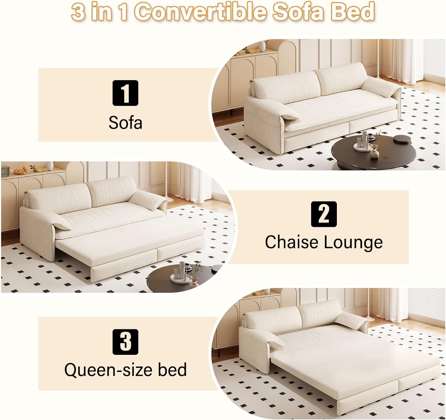 WILLIAMSPACE 66' Queen Pull Out Sofa Bed, 3-in-1 Velvet Convertible Sleeper Sofa Couch with Side Storage, Multi-Functional Loveseat Bed Pull Out Couch for Living Room, Apartment (Beige)