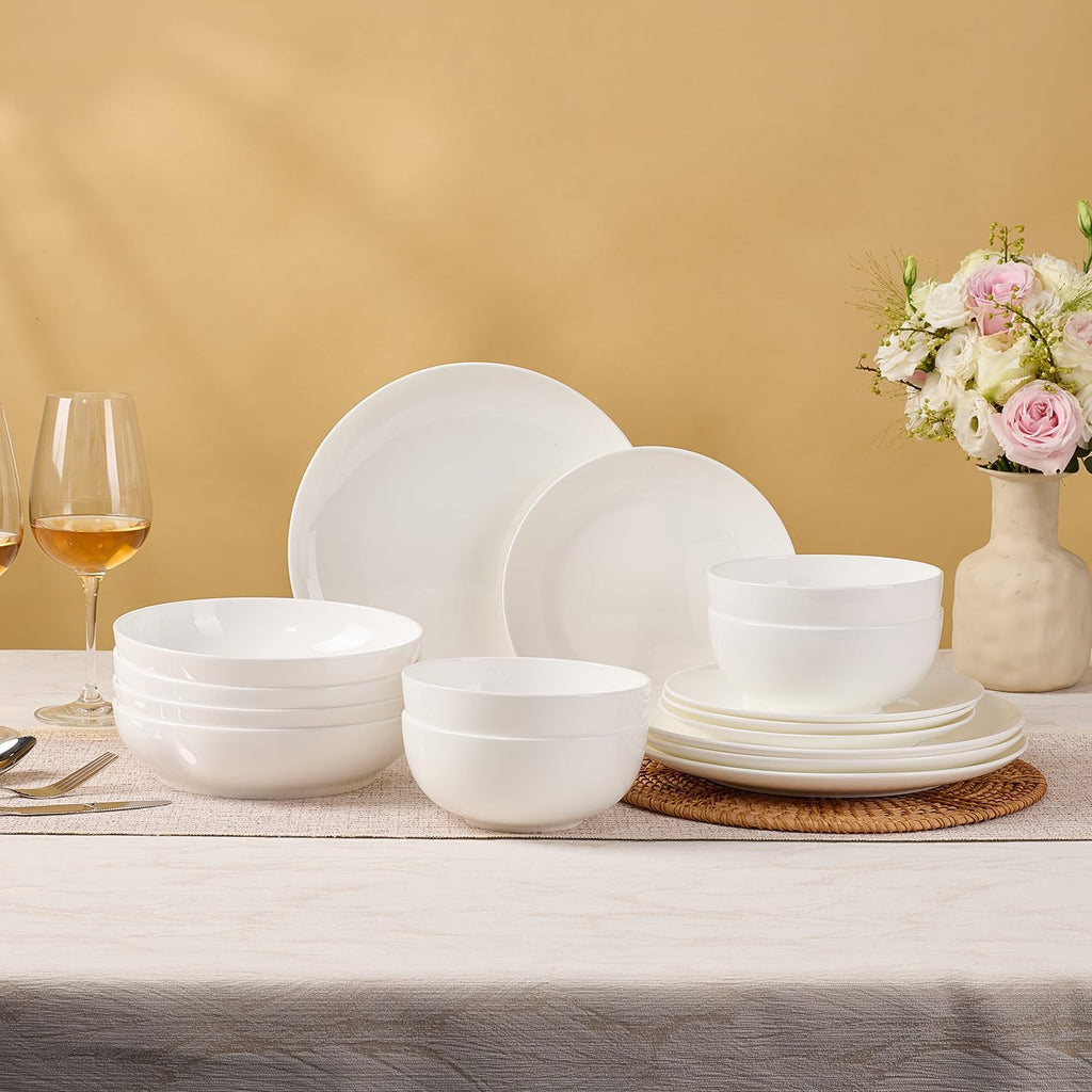 KINGSTONE 16-Piece Bone China Dinnerware Sets for 4, Lightweight Porcelain Dish Serving Plates and Bowls Sets, Durable Scratch Resistant Dinner Set, Microwave & Dishwasher Safe, Ivory White
