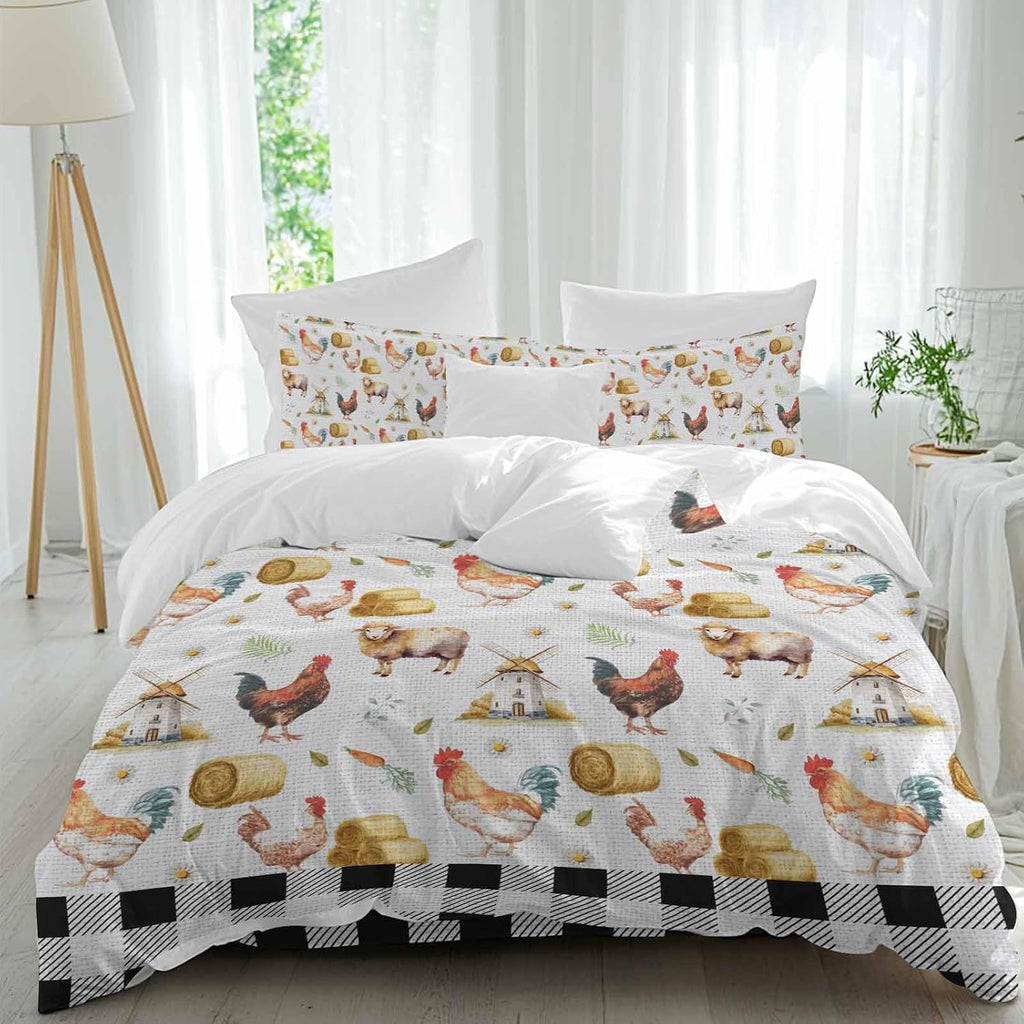 Farm Animal Duvet Cover Set Queen Size 4 Pieces Farmhouse Red Barn Sheep Pigs Rooster Country Black Plaid Bedding Set with Zipper Closure, 1 Comforter Cover 86x86 Inches 1 Flat Sheet & 2 Pillow Cases