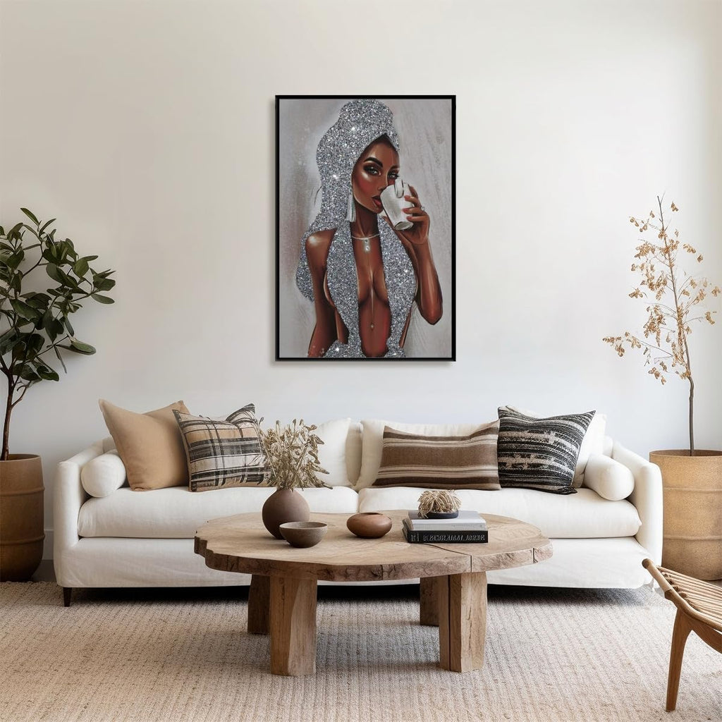 African American Black Women Wall Art Girl Popular Canvas Print Painting Black Woman Silver Glitter Textured Posters for Home Living Room Bethroom dorm Bathroom Wall Decor 24x36inch Black Framed