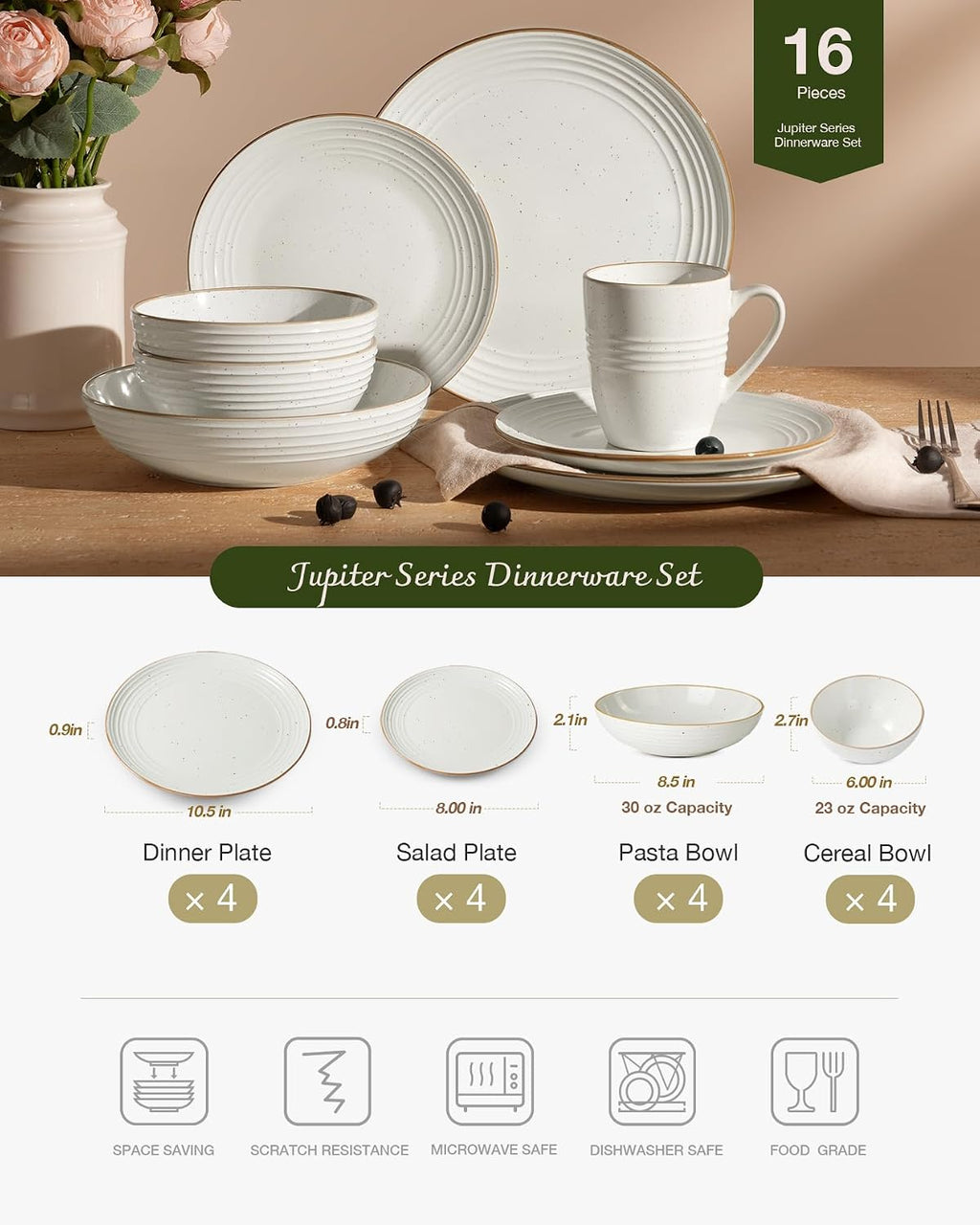 Famiware Jupiter 16-Piece Stoneware Dinnerware Set for 4 - Includes Pasta Bowl & Dinner Plate, Handcrafted Dishes with Speckles & Embossed Swirls, Chip & Scratch Resistant, Daily & Formal Use, White