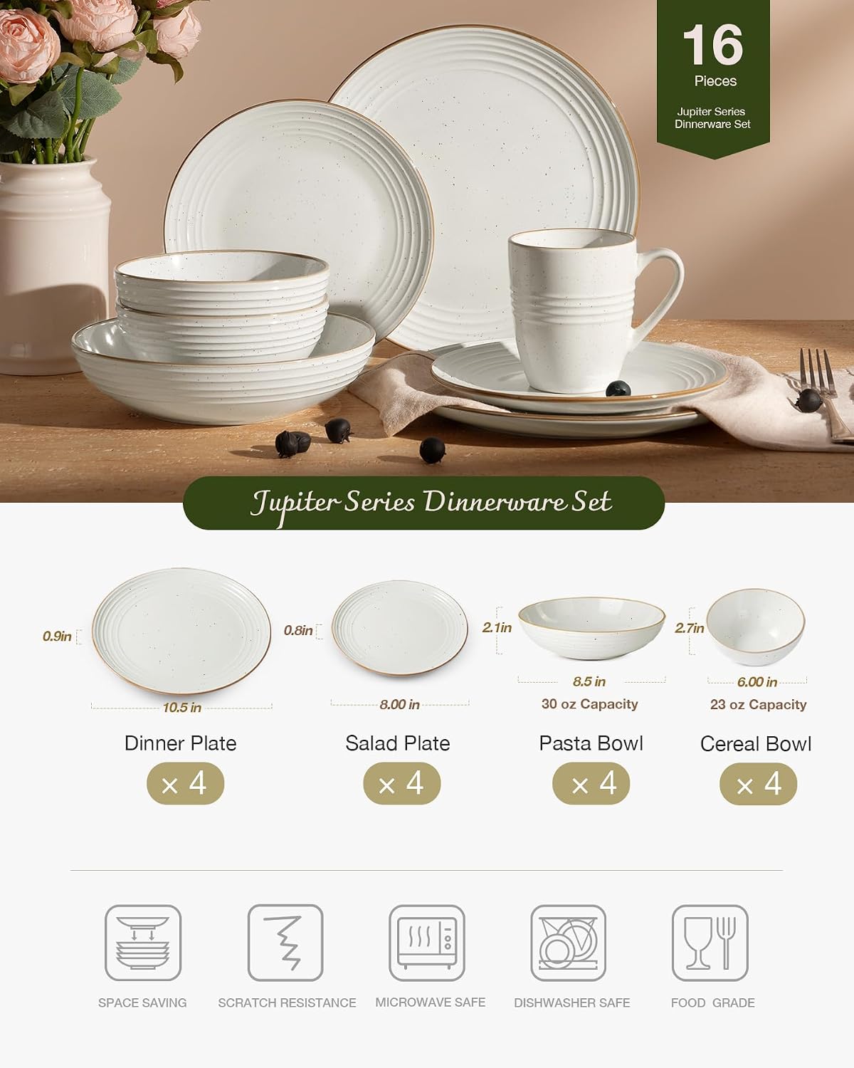 Famiware Jupiter 16-Piece Stoneware Dinnerware Set for 4 - Includes Pasta Bowl & Dinner Plate, Handcrafted Dishes with Speckles & Embossed Swirls, Chip & Scratch Resistant, Daily & Formal Use, White