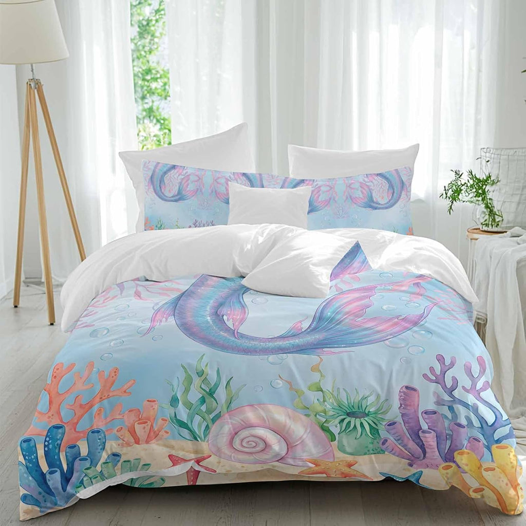 Ocean Marine Life Duvet Cover Set Queen Size 4 Pieces Watercolor Fish Tails Starfish Sea Nut Seagrass Bedding Set with Zipper Closure, 1 Comforter Cover 86x86 Inches 1 Flat Sheet & 2 Pillow Cases