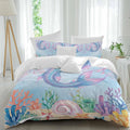 Ocean Marine Life Duvet Cover Set Queen Size 4 Pieces Watercolor Fish Tails Starfish Sea Nut Seagrass Bedding Set with Zipper Closure, 1 Comforter Cover 86x86 Inches 1 Flat Sheet & 2 Pillow Cases