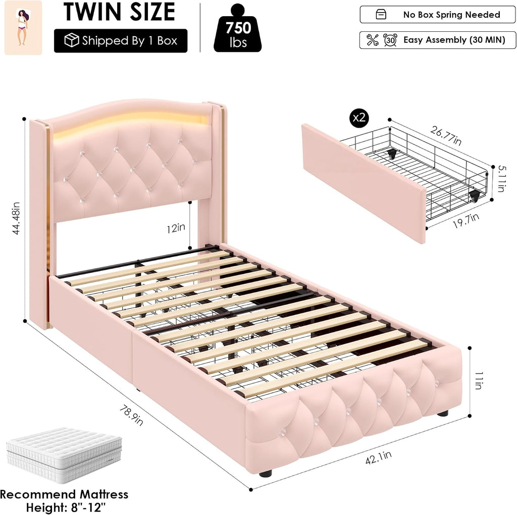 HIFIT Upholstered Twin LED Bed Frame with Crystal Button-Tufted Headboard and 4 Storage Drawers, Velvet Princess Twin Size Platform Bed Frames for Kids/Girls, No Box Spring Needed, Easy Assembly, Pink