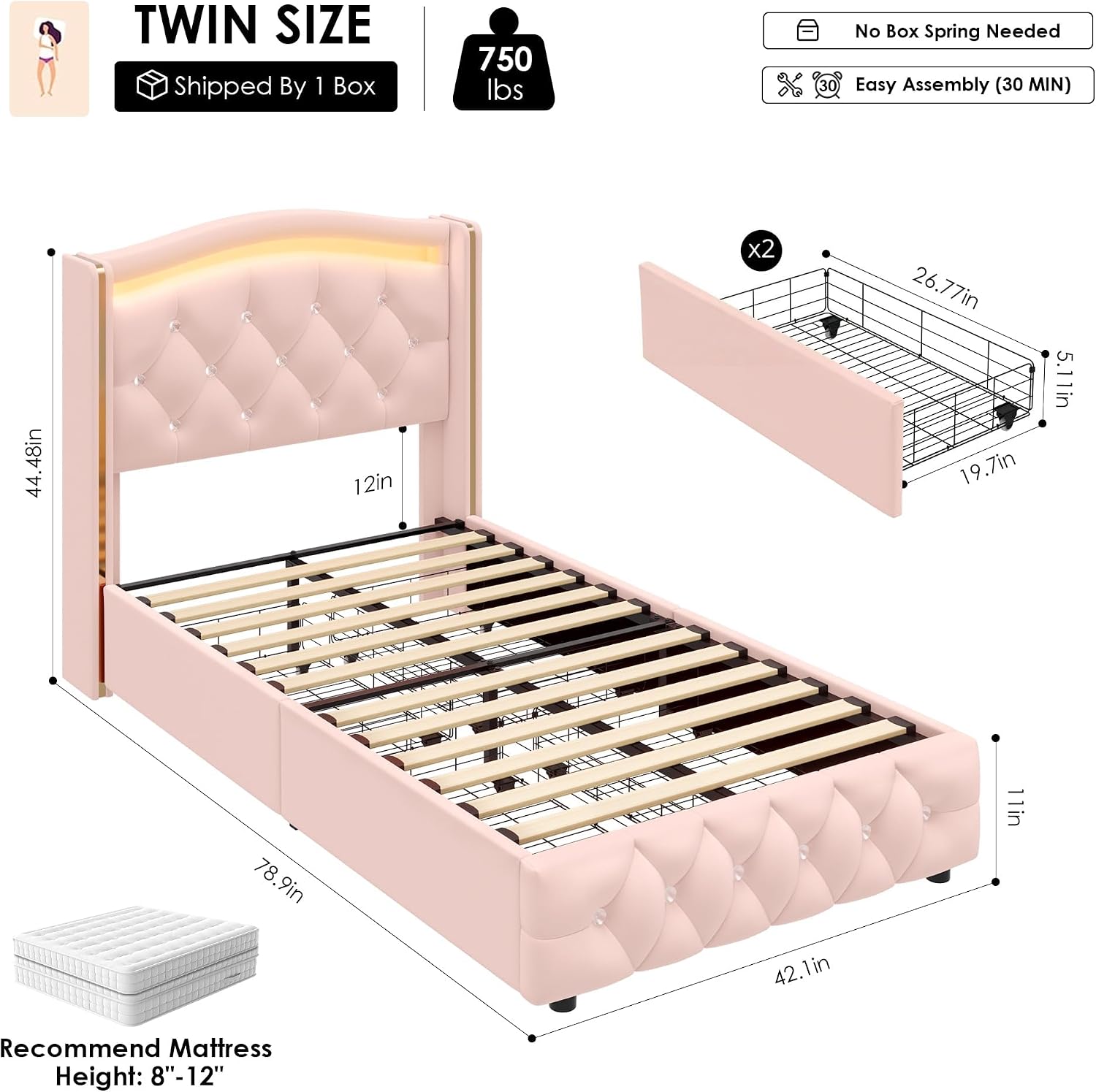 HIFIT Upholstered Twin LED Bed Frame with Crystal Button-Tufted Headboard and 4 Storage Drawers, Velvet Princess Twin Size Platform Bed Frames for Kids/Girls, No Box Spring Needed, Easy Assembly, Pink