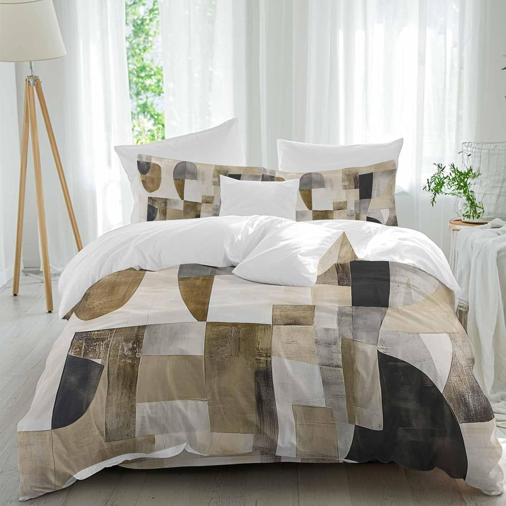 Prime Leader Abstract Duvet Cover Set Queen Size 4 Pieces Brown Black Color Block Geometric Contemporary Bedding Set with Zipper Closure, 1 Comforter Cover 90x92 Inches 1 Flat Sheet & 2 Pillow Cases