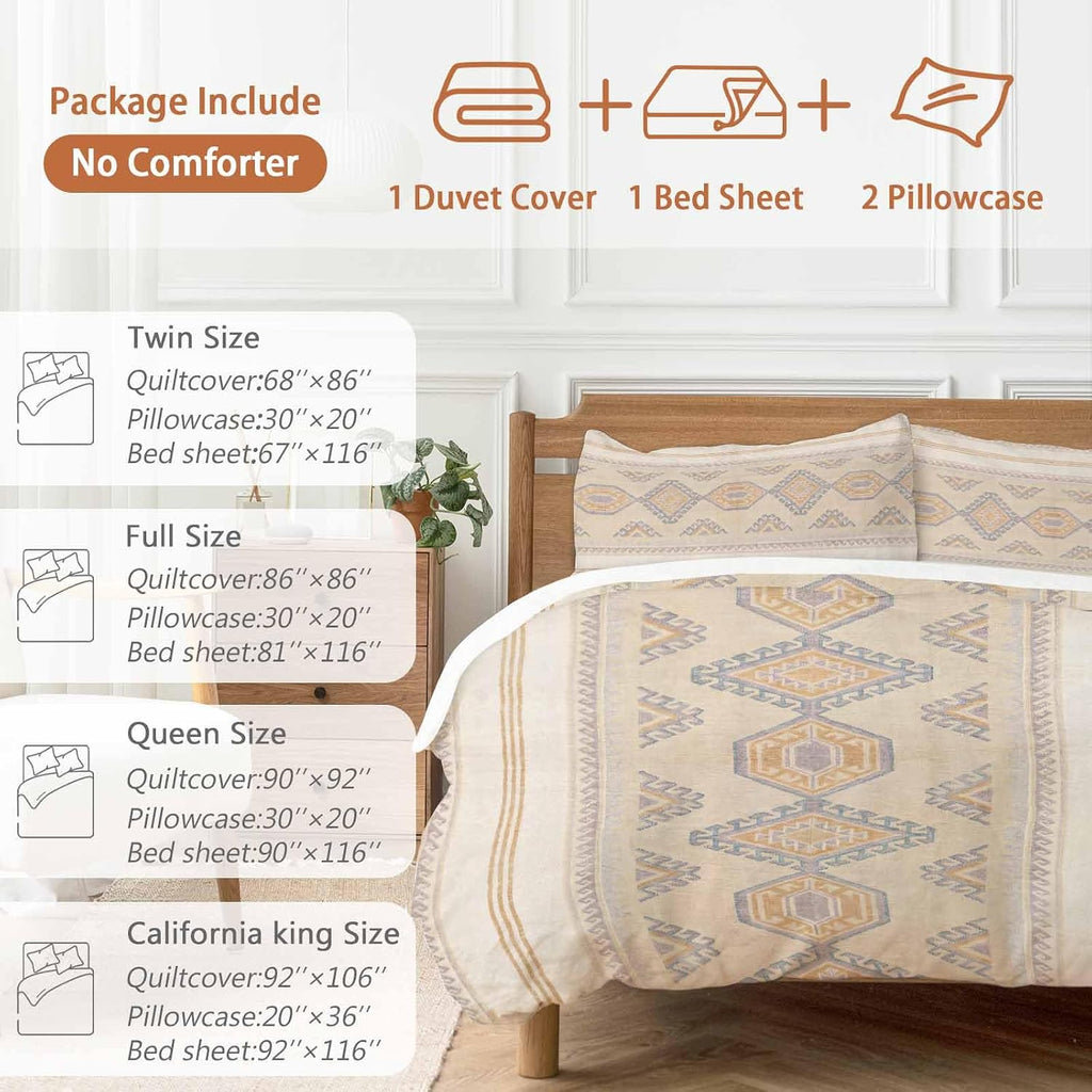 Bohemian Duvet Cover Set Queen Size 4 Pieces Traditional Ethic Pattern Colorful Stripes Geometric Bedding Set with Zipper Closure, 1 Comforter Cover 92x106 Inches 1 Flat Sheet & 2 Pillow Cases