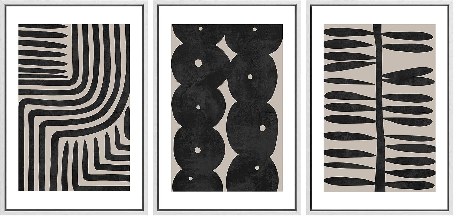 SIGNLEADER Framed Canvas Print Wall Art Set Geometric Black Paint Stroke Patterns Abstract Shapes Illustrations Modern Art Decorative Contemporary for Living Room, Bedroom, Office - 16'x24'x3 WHITE