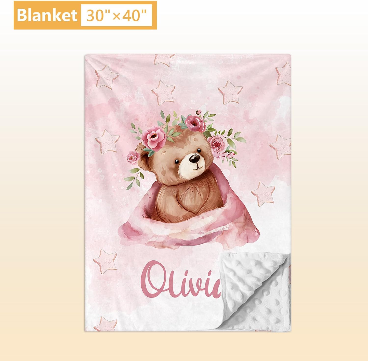 Terwex Custom Baby Crib Bedding Set, 5 Pcs Personalized Name Baby Crib Sets for Infant Toddler, Pink Bear Nursery Bedding Set for Girls Boys, Double Layer Flannel Baby Bedding Sets Customized Gifts