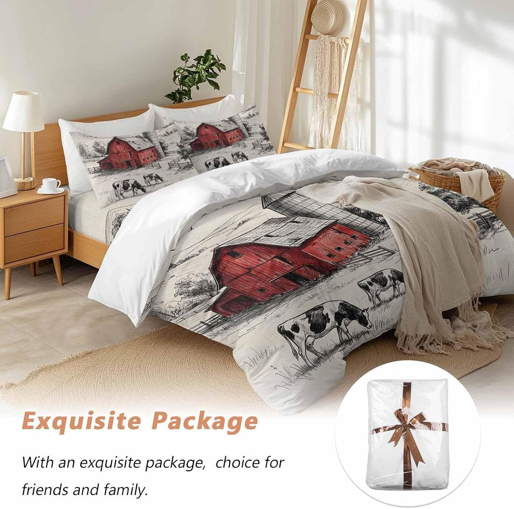 Farmhouse Duvet Cover Set Queen Size 4 Pieces Pastoral Landscape Watercolor Barn Farm Dairy Cow Retro Bedding Set with Zipper Closure, 1 Comforter Cover 86x86 Inches 1 Flat Sheet & 2 Pillow Cases