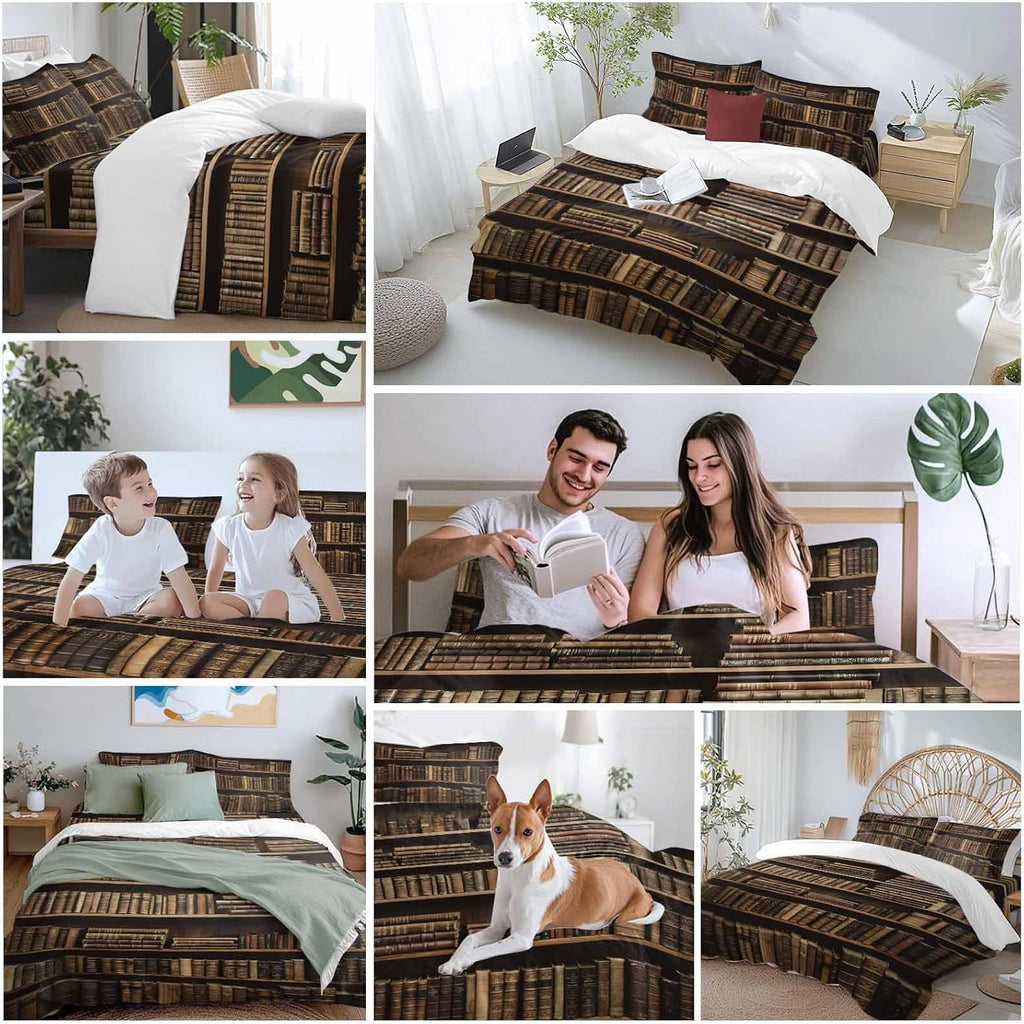 Prime Leader Vintage Bookshelf Duvet Cover Set Queen Size 4 Pieces Library Book Retro Bedding Set with Zipper Closure, 1 Comforter Cover 90x92 Inches 1 Flat Sheet & 2 Pillow Cases