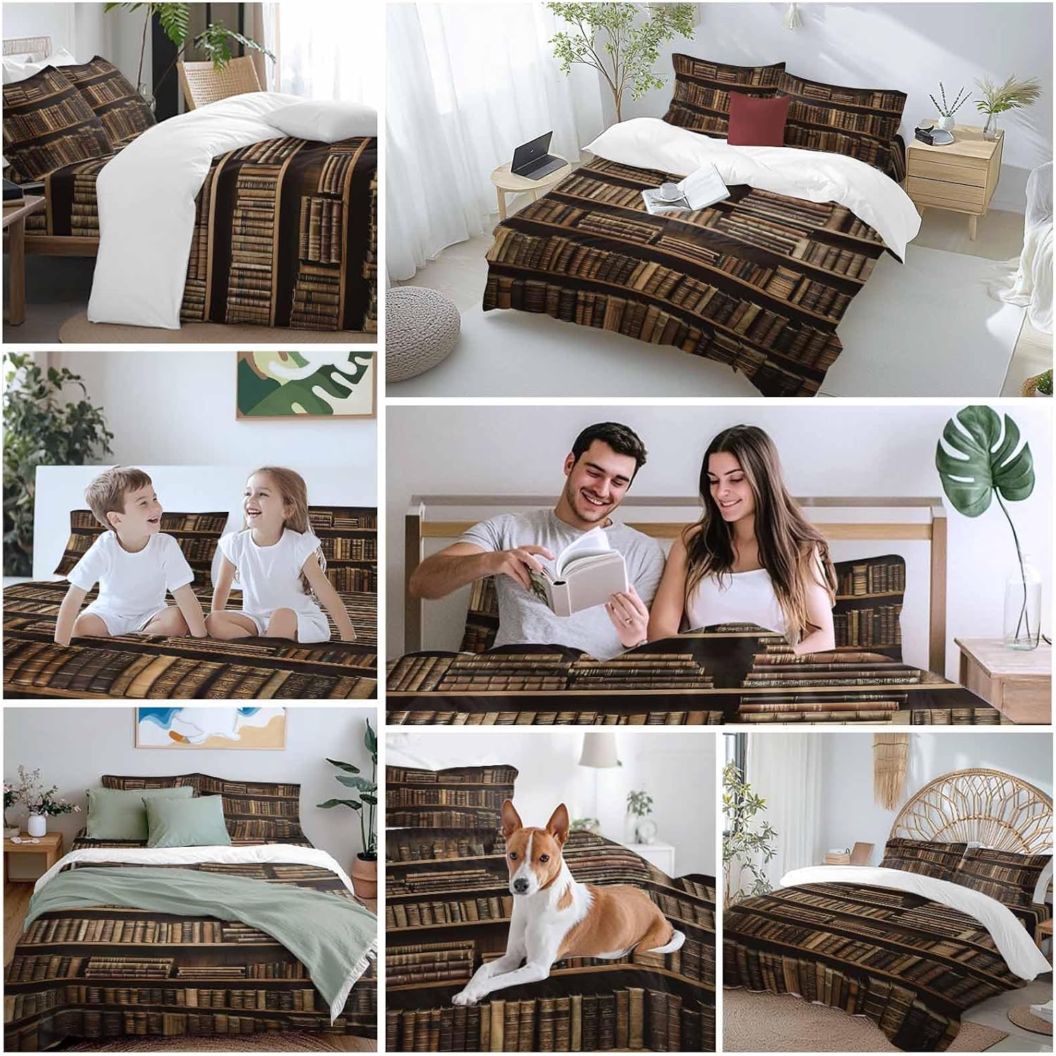 Prime Leader Vintage Bookshelf Duvet Cover Set Queen Size 4 Pieces Library Book Retro Bedding Set with Zipper Closure, 1 Comforter Cover 90x92 Inches 1 Flat Sheet & 2 Pillow Cases