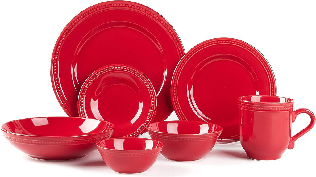 Pearl Dots Stoneware Dinnerware Set (56pc Set, Red)