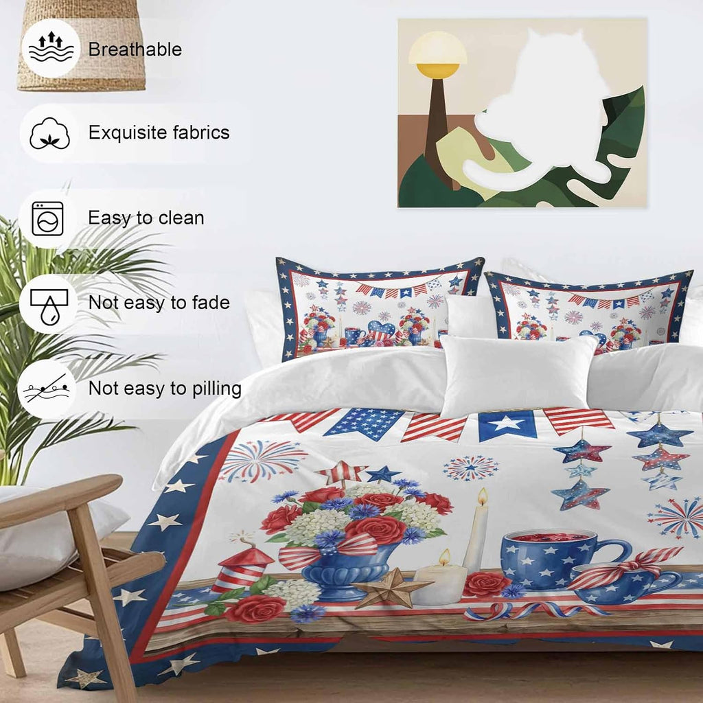 Prime Leader Independence Day Duvet Cover Set Queen Size 4 Pieces Retro Red Blue USA Flag Floral Star Bedding Set with Zipper Closure, 1 Comforter Cover 90x92 Inches 1 Flat Sheet & 2 Pillow Cases