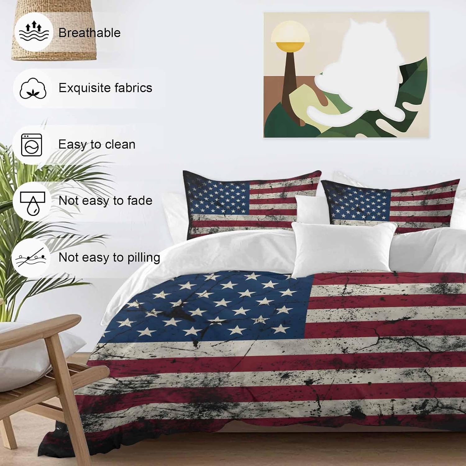 Prime Leader Independence Day Duvet Cover Set Queen Size 4 Pieces Mottled U. S. Flag Shabby Chic Vintage Bedding Set with Zipper Closure, 1 Comforter Cover 86x86 Inches 1 Flat Sheet & 2 Pillow Cases