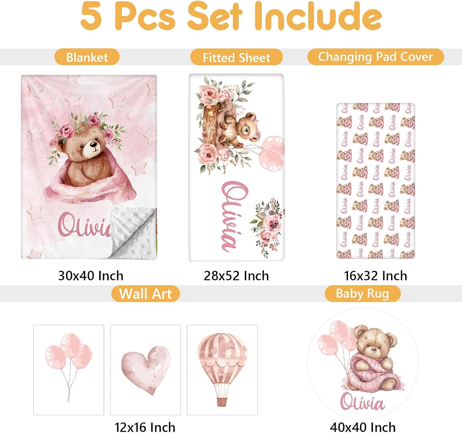 Terwex Custom Baby Crib Bedding Set, 5 Pcs Personalized Name Baby Crib Sets for Infant Toddler, Pink Bear Nursery Bedding Set for Girls Boys, Double Layer Flannel Baby Bedding Sets Customized Gifts