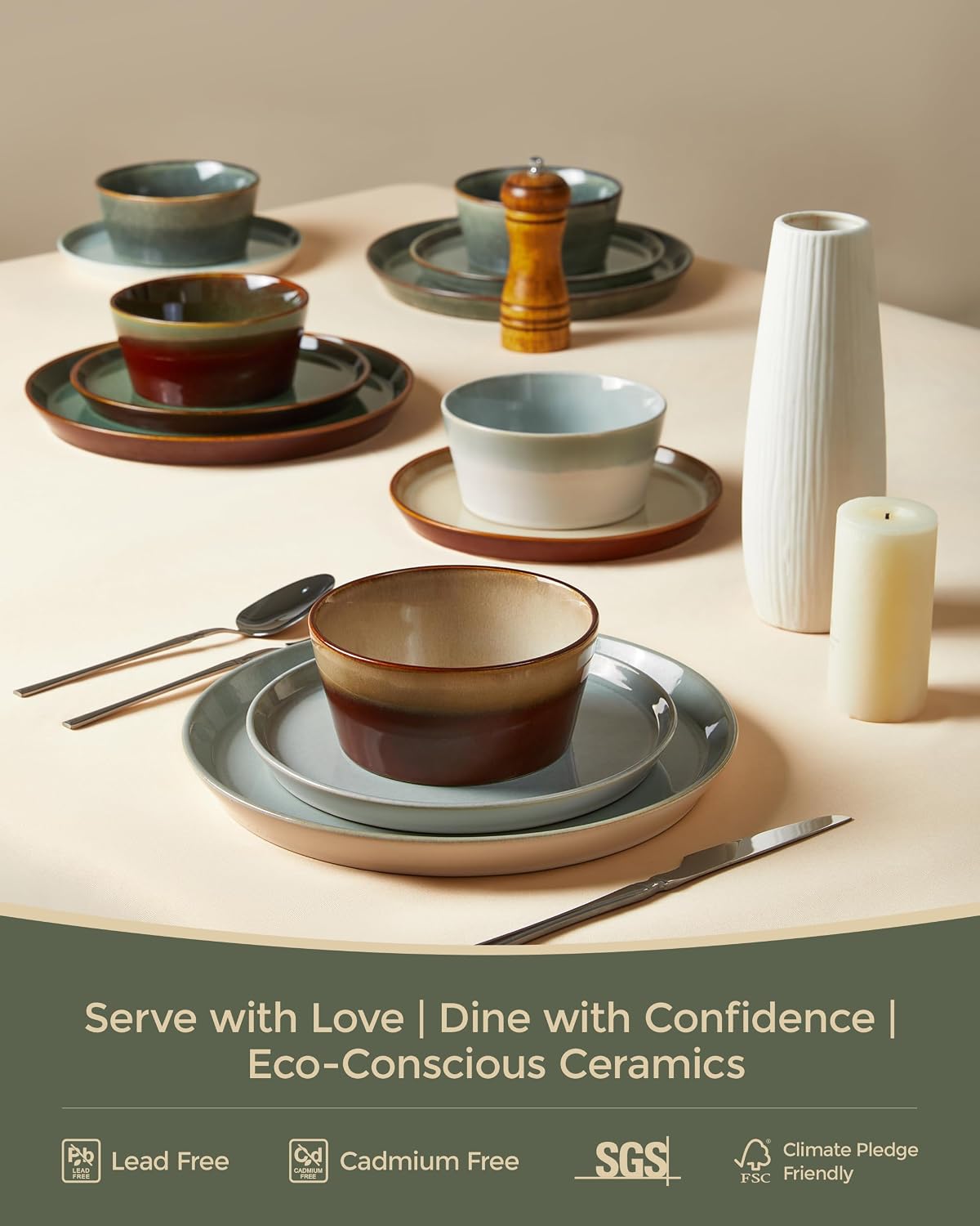 Pokini Dinnerware Sets, Microwave Safe Plates and Bowls Sets, Dishes Set for 8, Chip & Scratch Resistant Dinner Set, Handcrafted Farmhouse Dishware Sets, Green Wheat