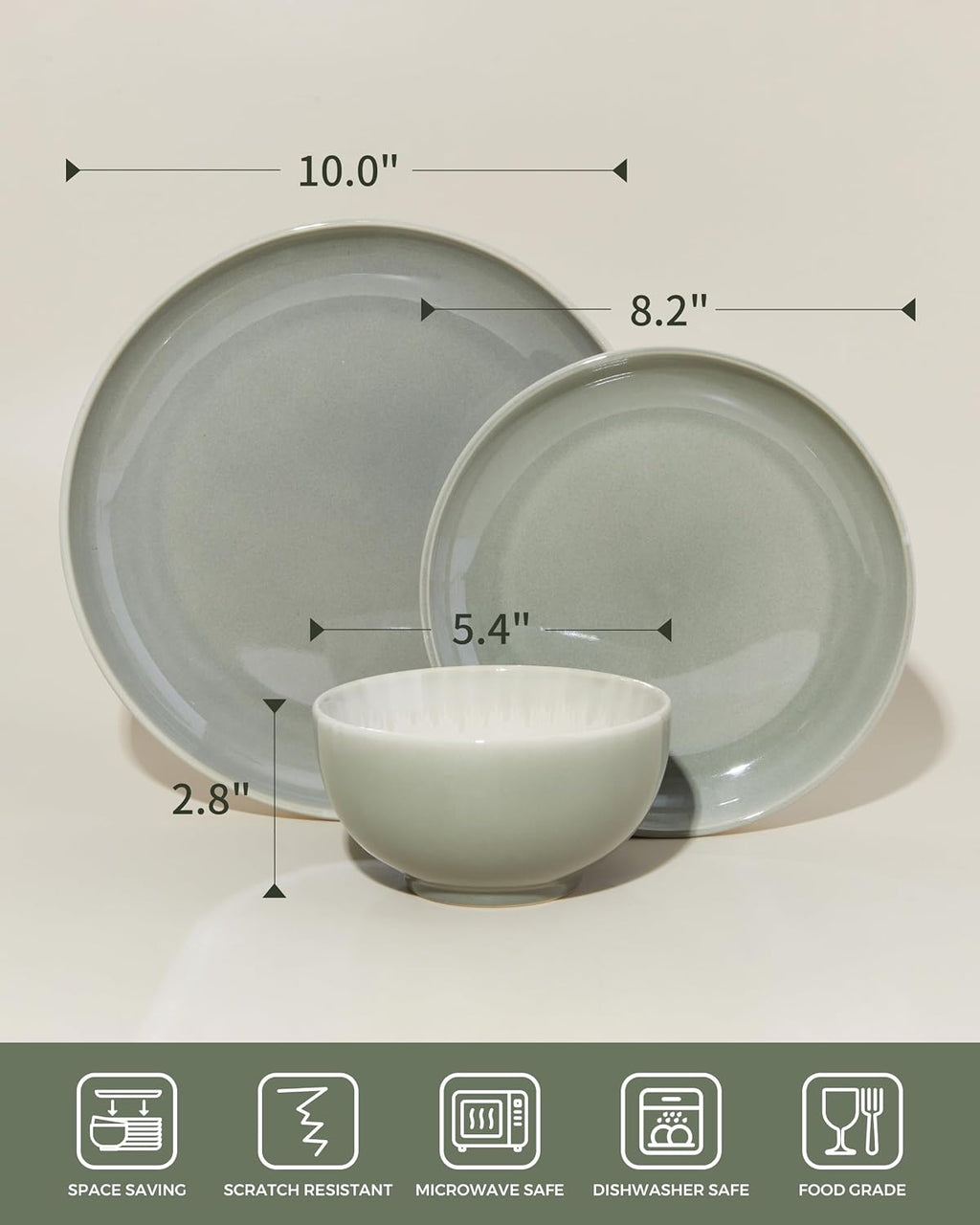 Pokini Plates and Bowls Sets for 8, 24 Piece Dinnerware Set for Large Families & Entertaining, Elegant Design, Dishwasher & Microwave Safe, Chip Resistant and Durable, Gray Green