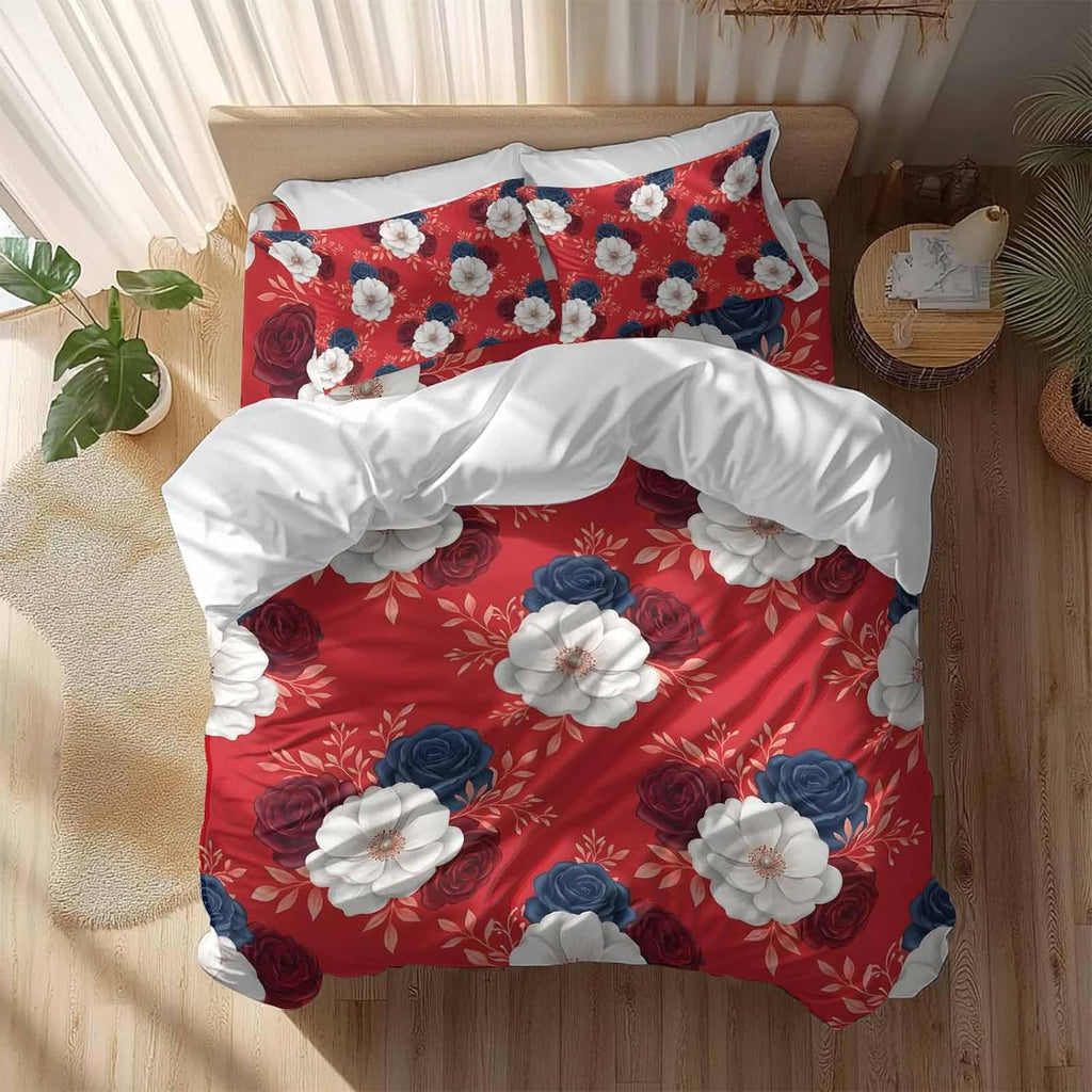 Prime Leader Independence Day Duvet Cover Set Queen Size 4 Pieces Red Blue White Roses Floral Leaf Red Bedding Set with Zipper Closure, 1 Comforter Cover 90x92 Inches 1 Flat Sheet & 2 Pillow Cases
