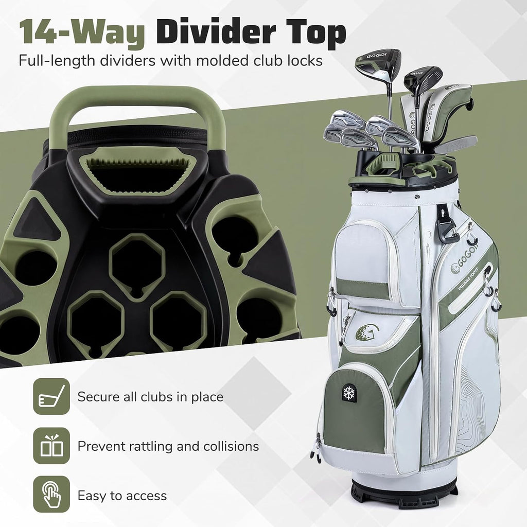 Goplus Lightweight Golf Cart Bag, Molded Lock Top Golf Club Bag w/14-Way Full Length Organizer Dividers, 11 Pockets, Cooler Bag, Straps, Umbrella Holder & Rain Hood for Men Women