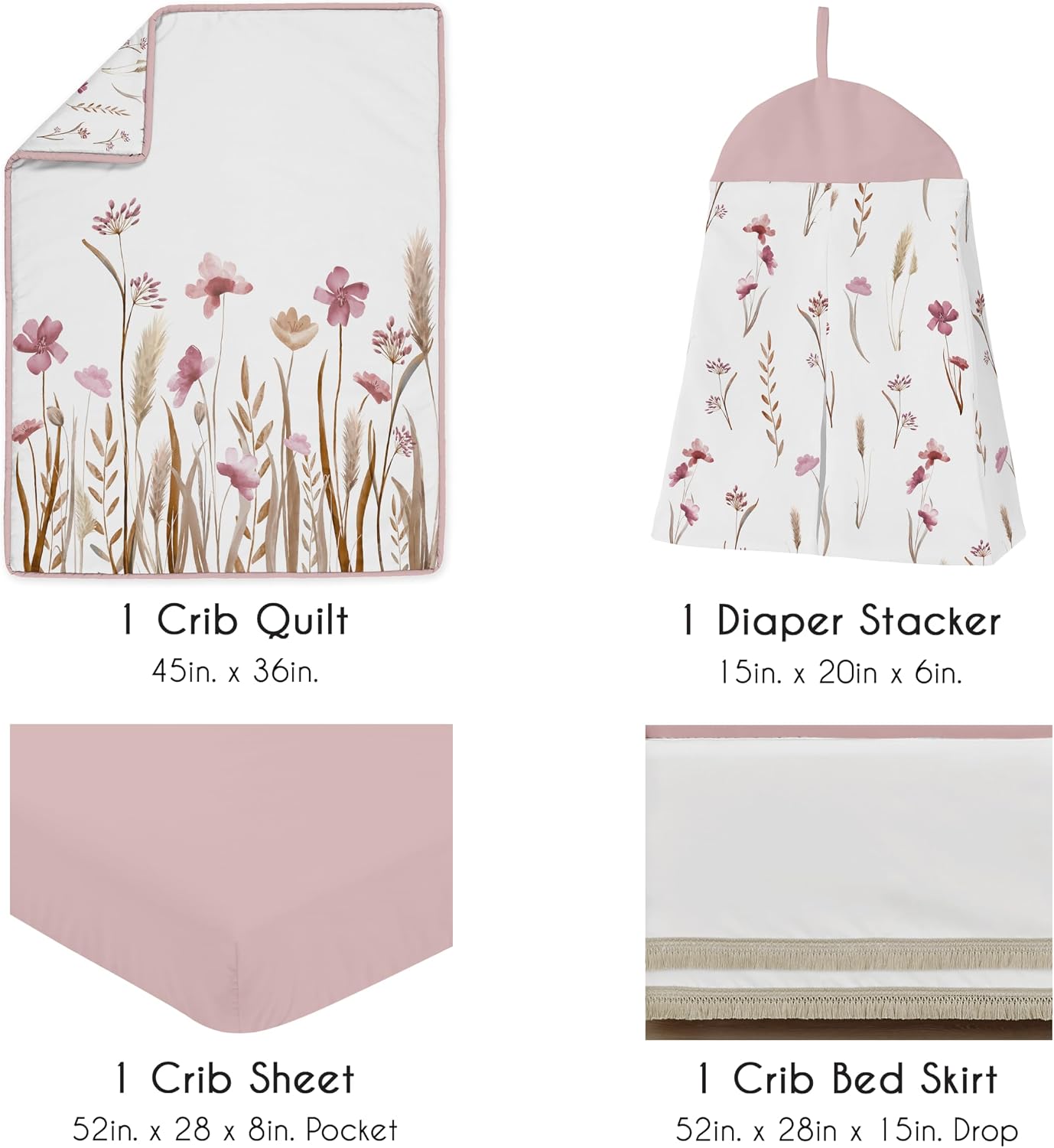 Sweet Jojo Designs 4-Piece Baby Crib Bedding Set (Pink Boho Floral) for Girls, Infants/Nursery incl. Blanket, Fitted Sheet, Skirt, Diaper Stacker (Vintage, Wildflower Garden, Bohemian, Farmhouse)