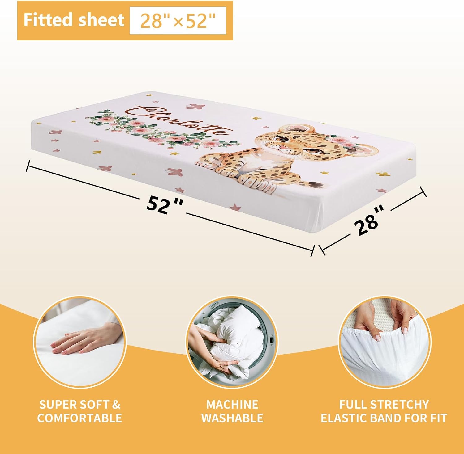 Terwex Custom Baby Crib Bedding Set, 5 Pcs Personalized Name Baby Crib Sets for Infant Toddler, Floral Leopard Nursery Bedding Set for Baby Girls, Double Layer Baby Bedding Sets Customized Gifts