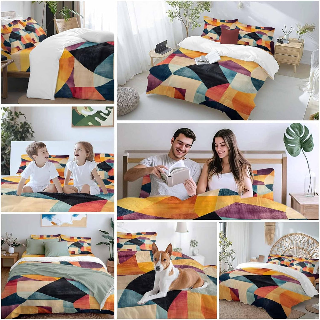 Prime Leader Abstract Art Duvet Cover Set Queen Size 4 Pieces Colorful Geometric Color Block Bedding Set with Zipper Closure, 1 Comforter Cover 86x86 Inches 1 Flat Sheet & 2 Pillow Cases