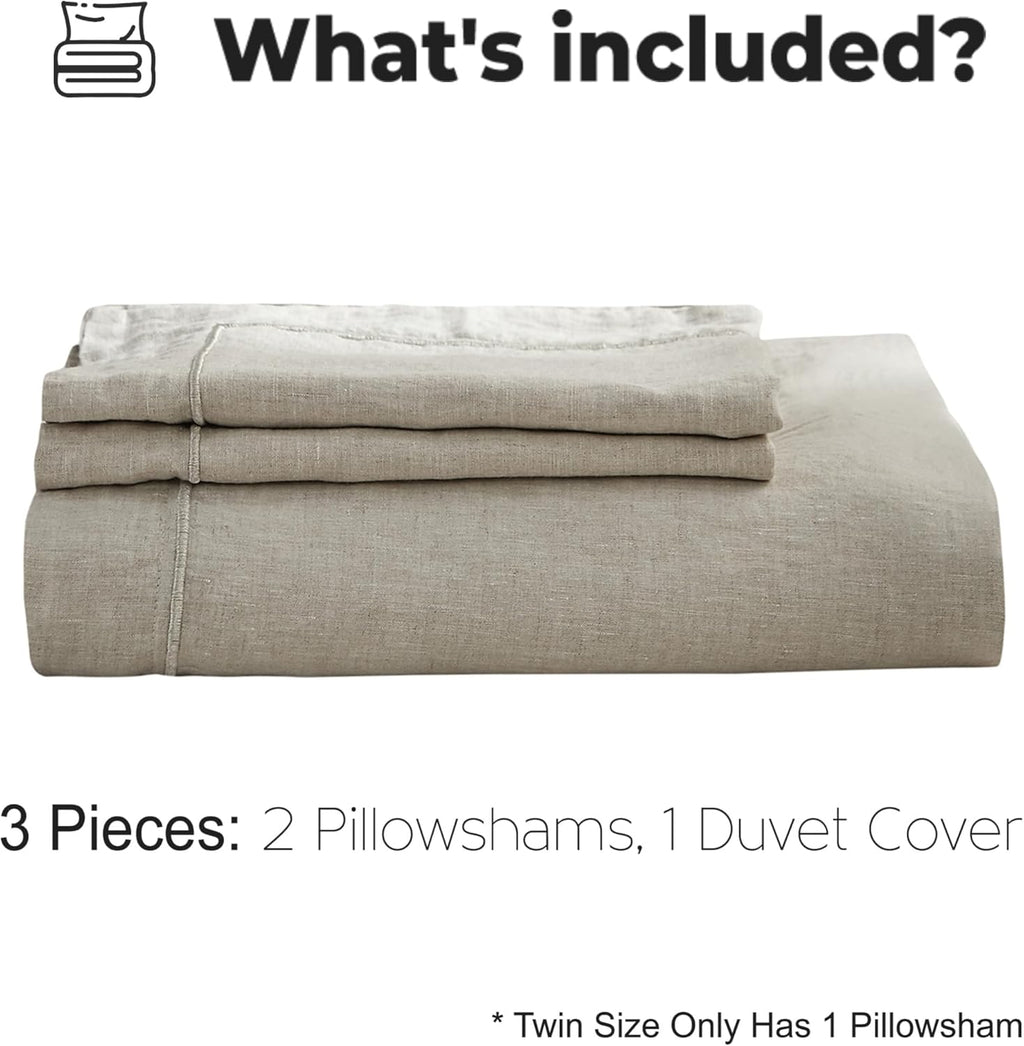 Simple&Opulence 100% Washed Linen Duvet Cover with Embroidered,3 Pieces Soft Farmhouse Comforter Set with Button Closure,1 Duvet Cover and 2 Pillowshams(Queen,Natural Linen)