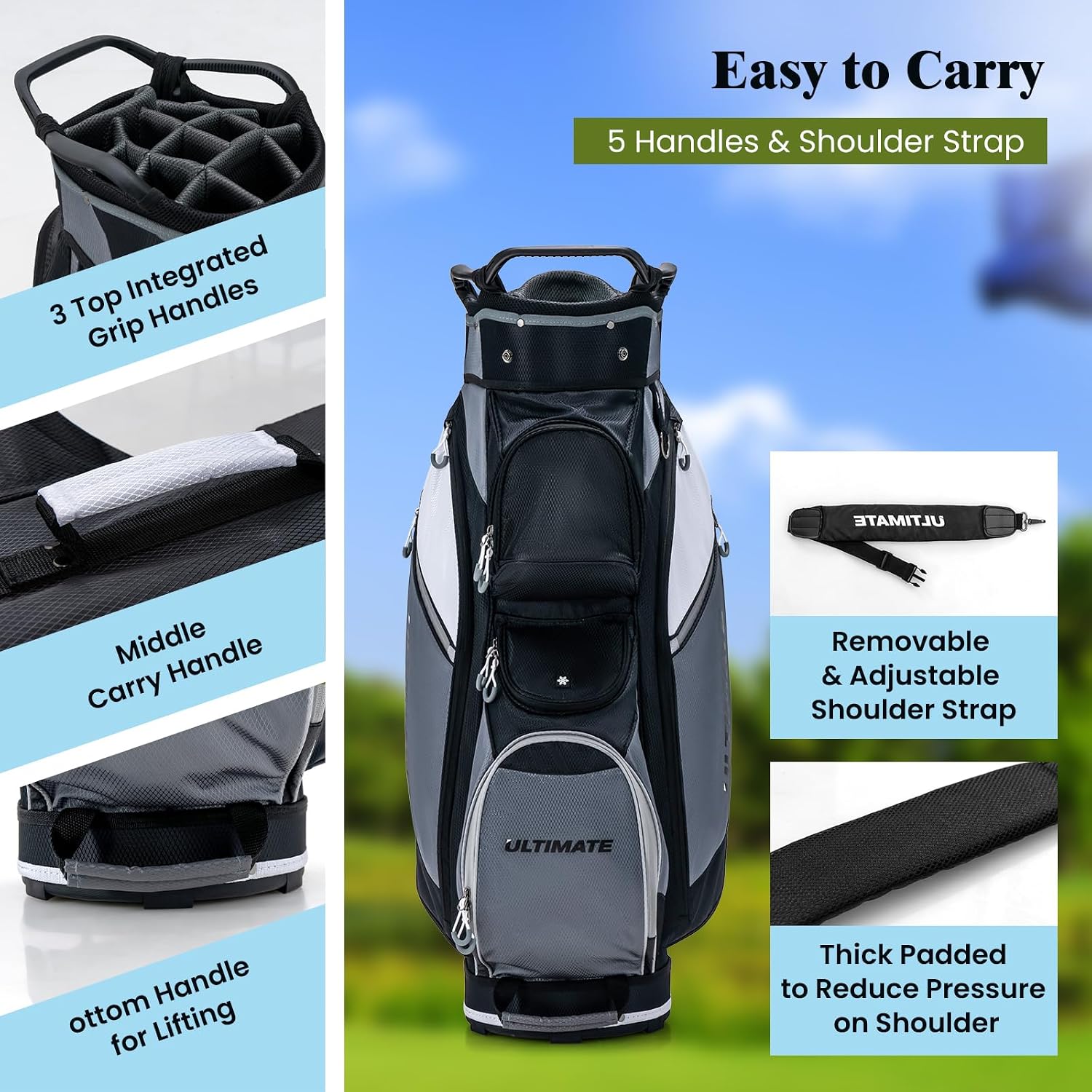 Goplus Golf Cart Bag with 14-Way Top Dividers, Golf Club Bag with 7 Zippered Pockets Including Cooler Bag, Rain Hood, Carry Handles, Detachable Shoulder Strap, Lightweight Golf Bag for Men Women