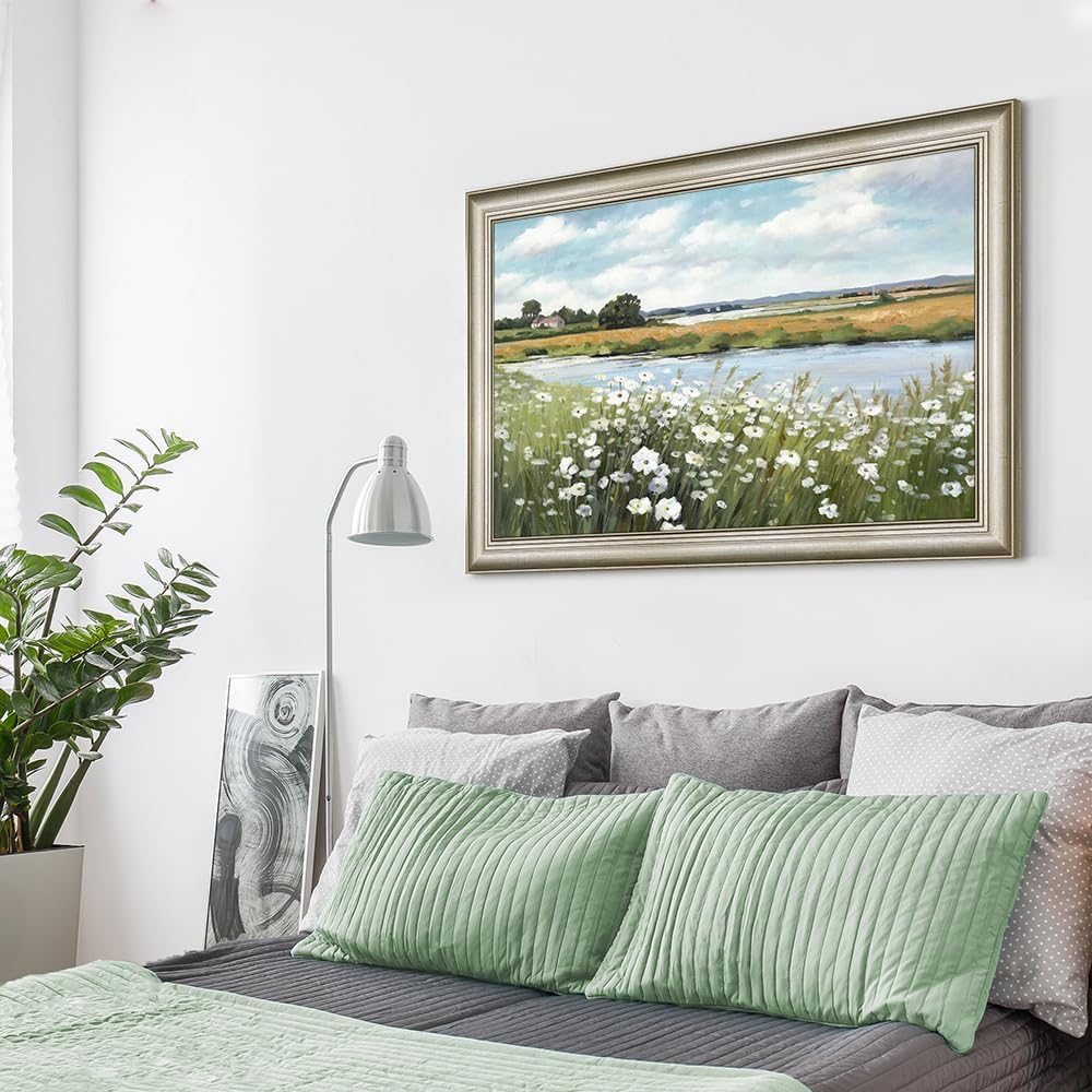 Lake Canvas Wall Art Framed: Flower Landscape Painting Picture Artwork Hand Painted Nature Scenery Print Decor for Living Room Bedroom Home Decoration
