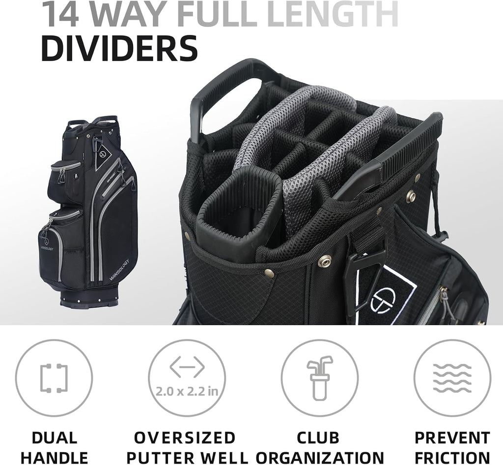 Max Lightweight Golf Cart Bag with Dual Handles and 14 Way Individual Full Length Dividers, Golf Club Bag with 11 Pockets, Large Putter Well, Double Strap Cooler for Men & Women