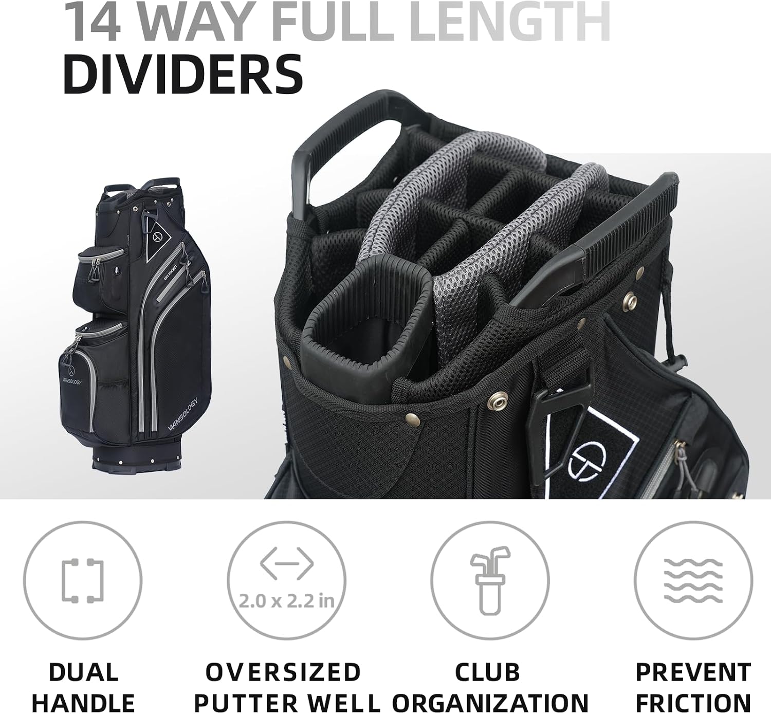 Max Lightweight Golf Cart Bag with Dual Handles and 14 Way Individual Full Length Dividers, Golf Club Bag with 11 Pockets, Large Putter Well, Double Strap Cooler for Men & Women