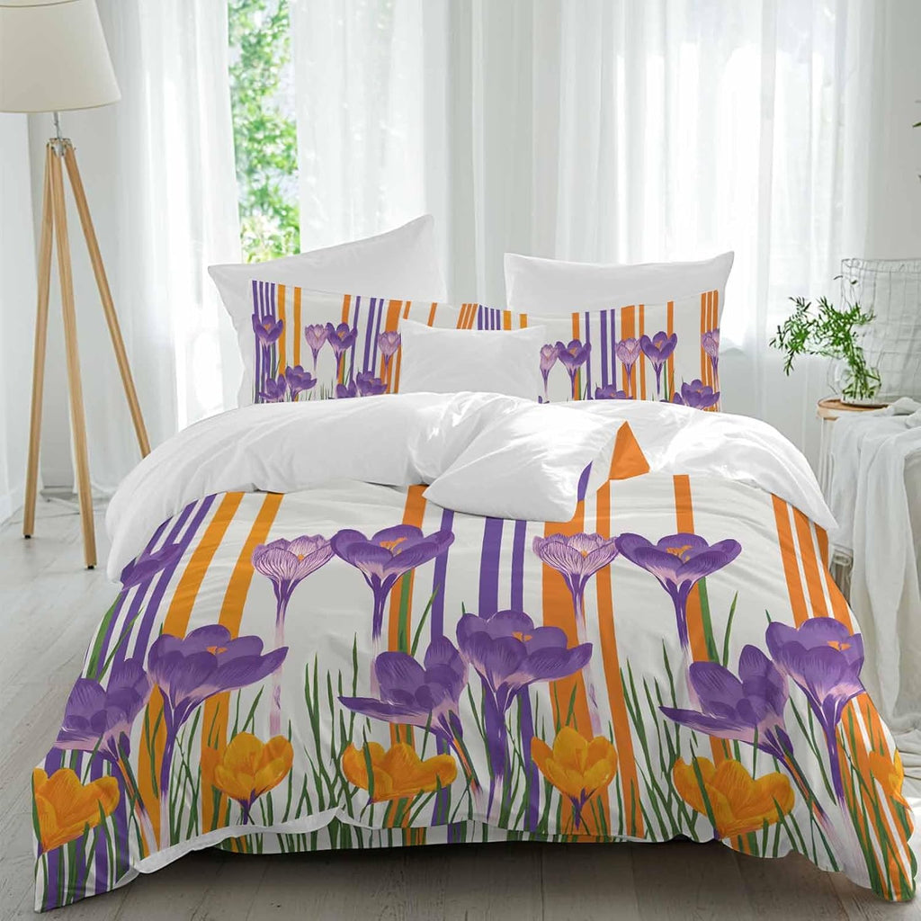 Spring Floral Duvet Cover Set Queen Size 4 Pieces Purple Yellow Gradient Flowers Colorful Stripe Bedding Set with Zipper Closure, 1 Comforter Cover 92x106 Inches 1 Flat Sheet & 2 Pillow Cases