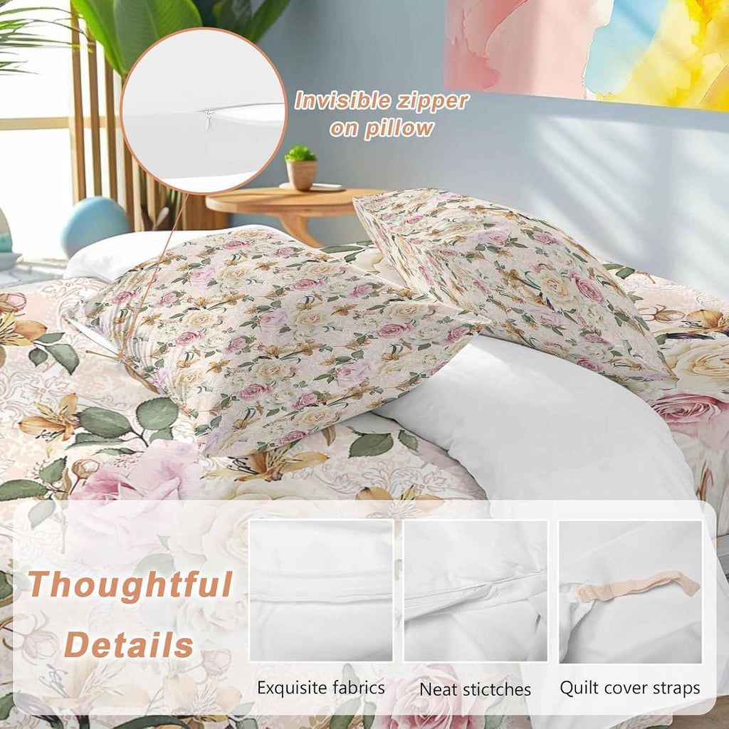 Prime Leader Floral Spring Duvet Cover Set Queen Size 4 Pieces Flower Retro Texture Bedding Set with Zipper Closure, 1 Comforter Cover 86x86 Inches 1 Flat Sheet & 2 Pillow Cases