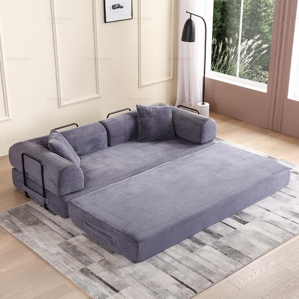 WILLIAMSPACE 77.9' Modern Loveseat Sofa Fold-Out Sofa Bed, Convertible Chair Floor Couch with Removable Backrest, Comfy Sofa Folding Mattress Couch Bed for Living Room, Bedroom, Corduroy, Gray