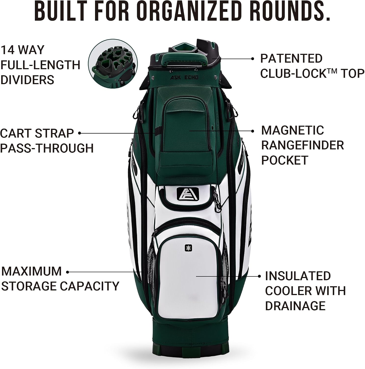 ASK ECHO T-Lock Golf Cart Bag with 14 Way Organizer Divider Top, Premium Cart Bag with Handles and Rain Cover for Men