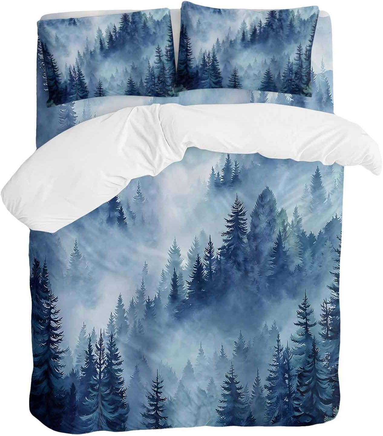 Blue Forest Mountain Duvet Cover Set Queen Size 4 Pieces Retro Watercolor Gradual Foggy Pine Tree Bedding Set with Zipper Closure, 1 Comforter Cover 90x92 Inches 1 Flat Sheet & 2 Pillow Cases