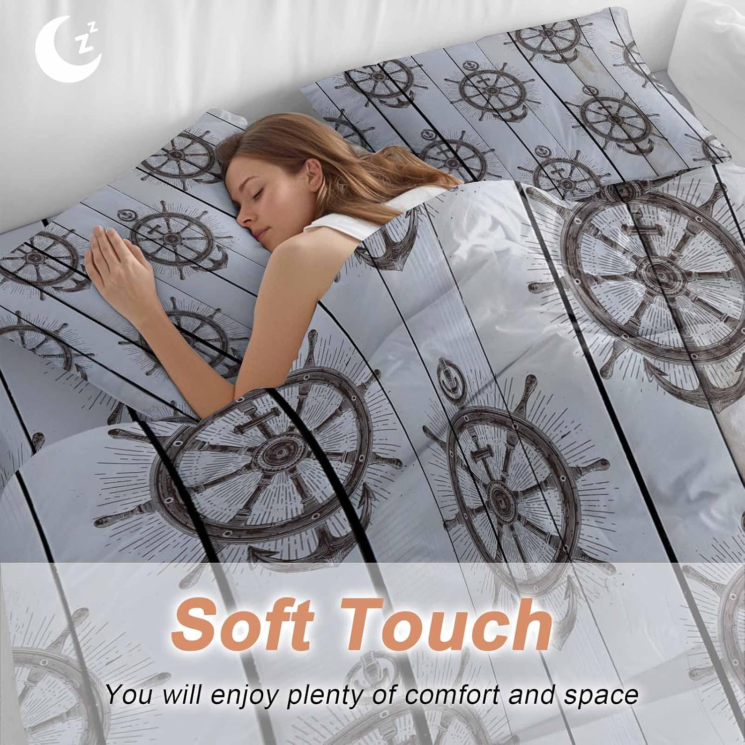 Summer Coastal Duvet Cover Set Queen Size 4 Pieces Nautical Brown Anchor Rudder Ocean Gray Wood Grain Bedding Set with Zipper Closure, 1 Comforter Cover 92x106 Inches 1 Flat Sheet & 2 Pillow Cases