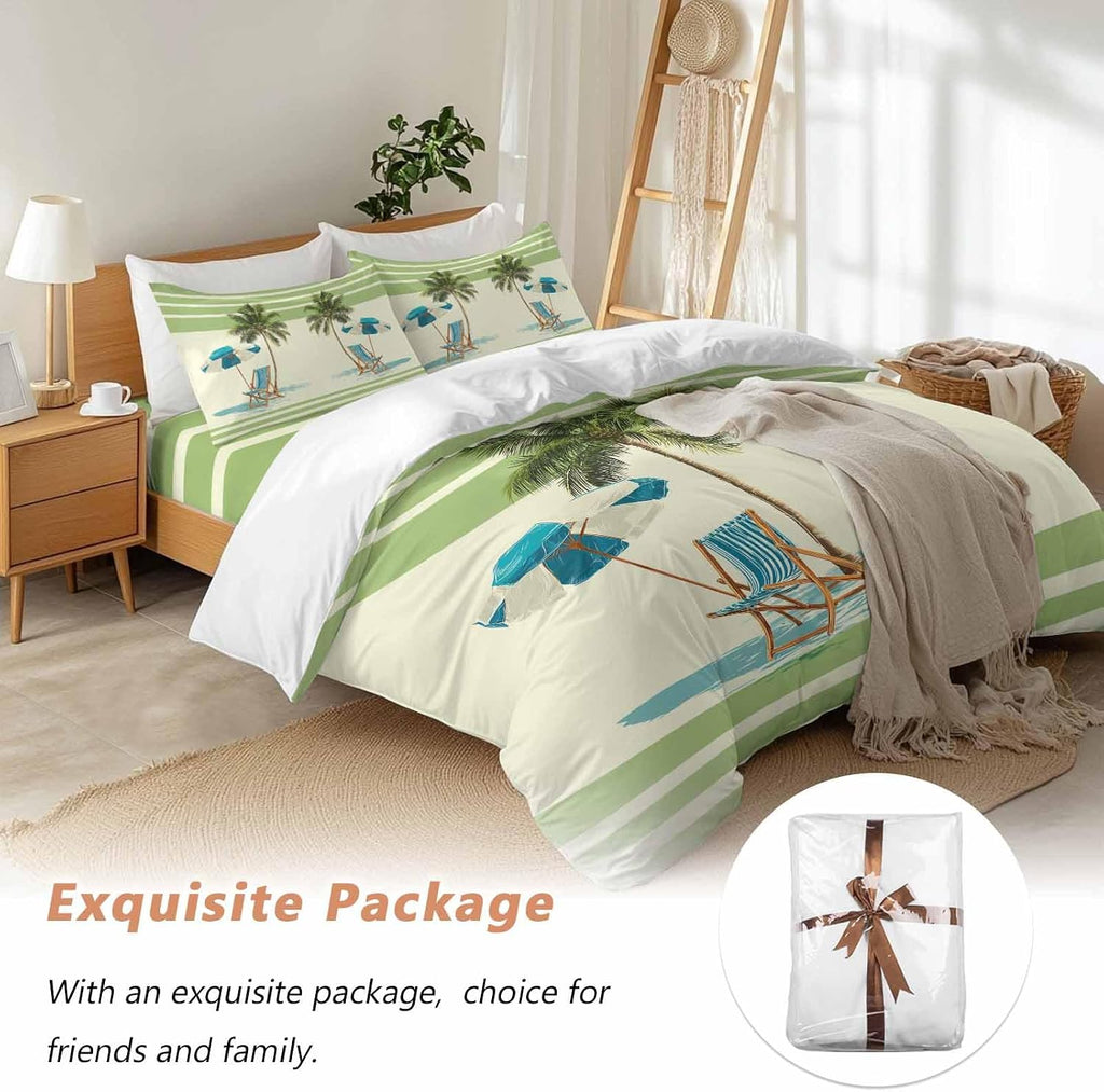 Summer Duvet Cover Set Queen Size 4 Pieces Beach Scene Sun Umbrella Palm Trees Green Yellow Stripe Bedding Set with Zipper Closure, 1 Comforter Cover 92x106 Inches 1 Flat Sheet & 2 Pillow Cases