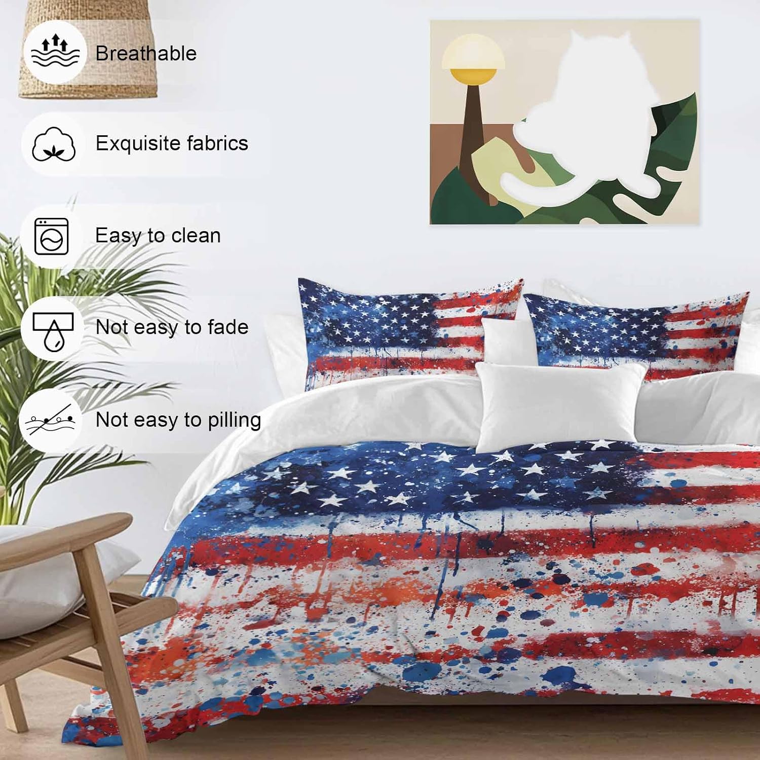 Independence Day Duvet Cover Set Queen Size 4 Pieces Mottled Red Blue White Stars Painted Flag Bedding Set with Zipper Closure, 1 Comforter Cover 90x92 Inches 1 Flat Sheet & 2 Pillow Cases