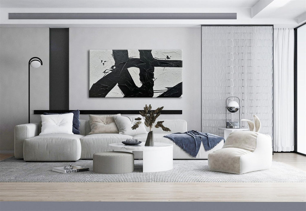 zoinart Hand Painted Large Wall Art, Black and White Textured Wall Art 30x60 Inches Modern Canvas Abstract Paintings Minimalist Artwork for Walls