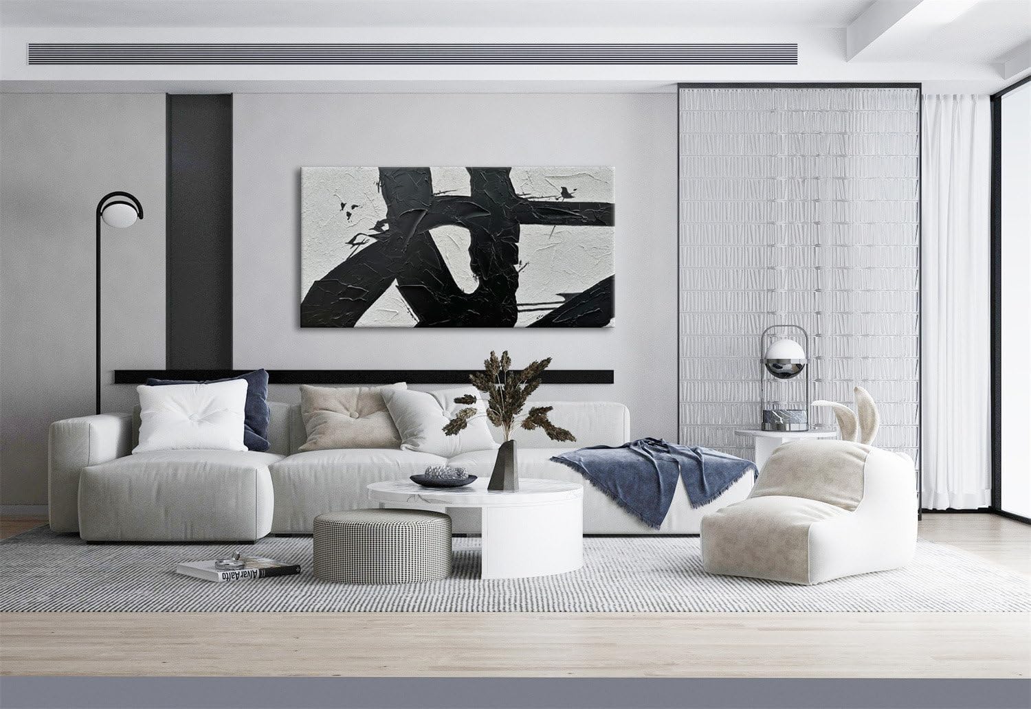 zoinart Hand Painted Large Wall Art, Black and White Textured Wall Art 30x60 Inches Modern Canvas Abstract Paintings Minimalist Artwork for Walls