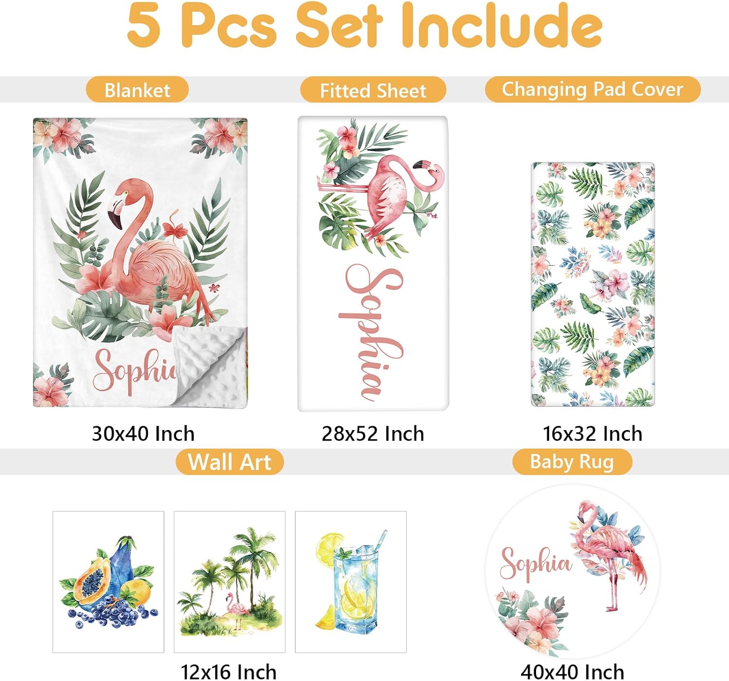 Terwex Personalized Baby Crib Bedding Set, 5 Pcs Custom Name Nursery Bedding Set, Flamingo Baby Bedding Set for Girls Boys, Double Layer Flannel Baby Crib Set, Toddlers Kids Infants Customized Gifts