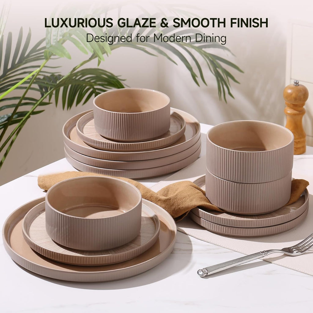 Dinnerware Sets, Ceramic Plates and Bowls Set 24 Piece Dinnerware for 8 Chip Resistant Stoneware with Advanced Inkjet Printing Technology, Dishwasher and Microwave Safe-Dusty Brown