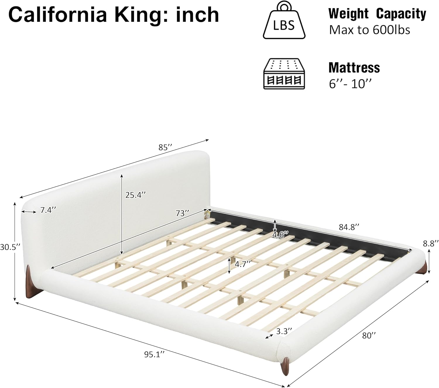 Christopher Knight Home Salden California King Size Bed Frame with Headboard, Boucle Upholstered California King Bed Frame and Headboard, Wooden Slat Support, No Box Spring Needed, White