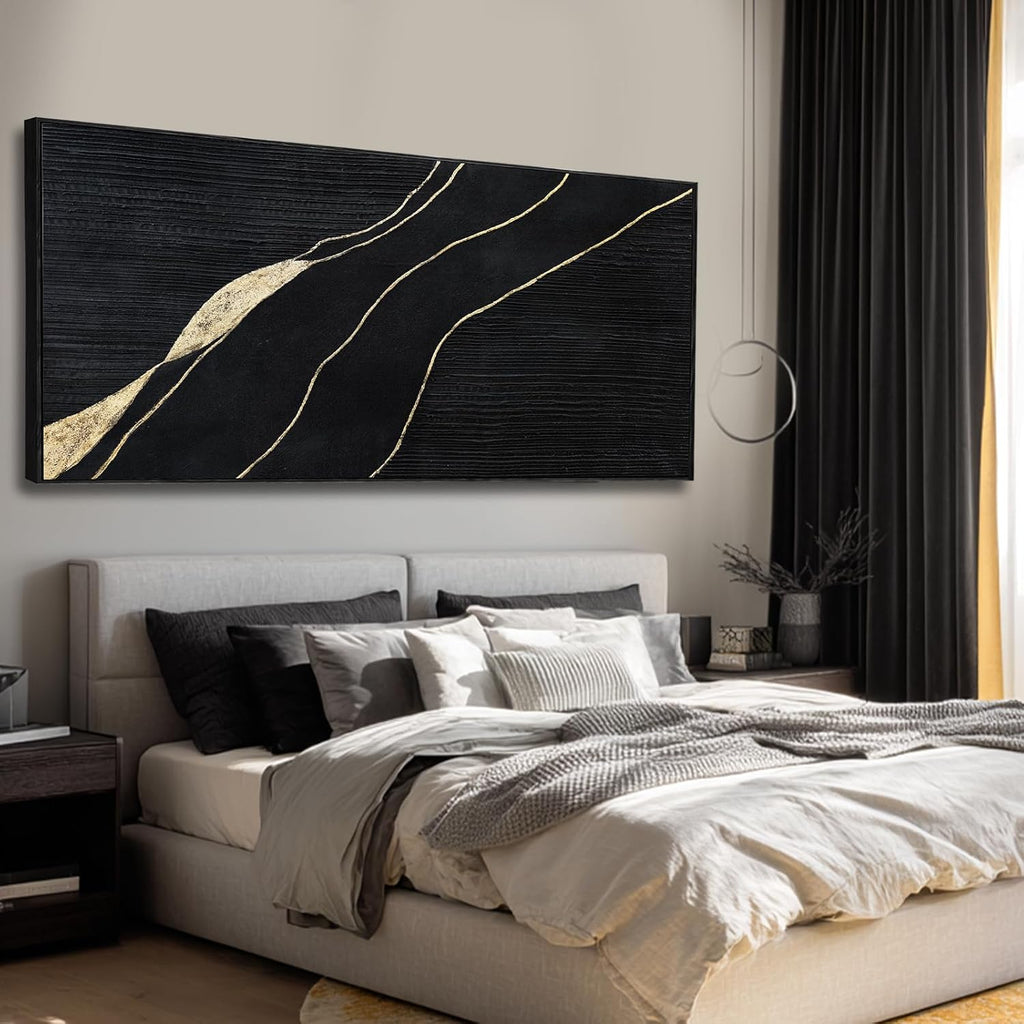 Green Hand-painted Abstract Canvas Wall Art, 32x70 Inch Black Framed Horizontal Artwork with Layered Green Tones for Living Room Decor