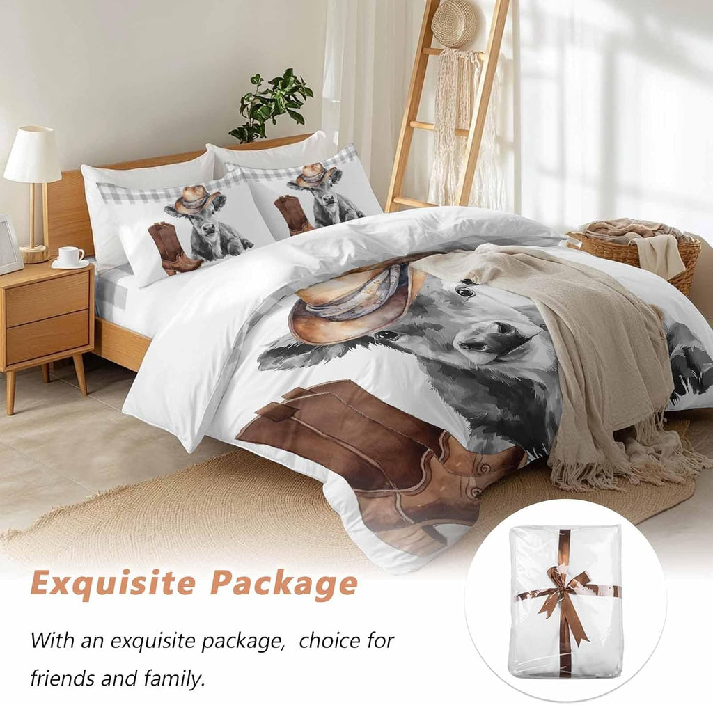 Farmhouse Cow Duvet Cover Set Queen Size 4 Pieces Grey Animal with Cowboy Hats Western Boots Plaid Bedding Set with Zipper Closure, 1 Comforter Cover 90x92 Inches 1 Flat Sheet & 2 Pillow Cases