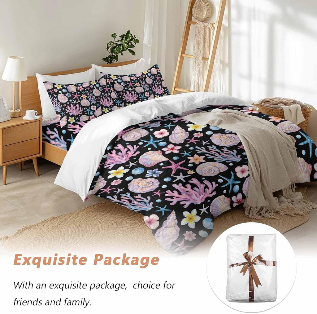 Summer Beach Duvet Cover Set Queen Size 4 Pieces Ocean Starfish Shell Coastal Conch Coral Flowers Black Bedding Set with Zipper Closure, 1 Comforter Cover 90x92 Inches 1 Flat Sheet & 2 Pillow Cases