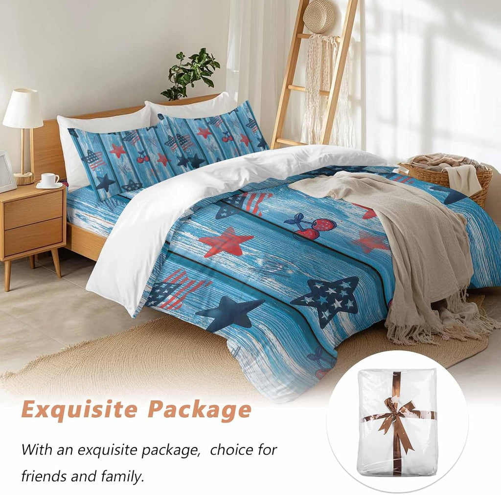 Independence Day Duvet Cover Set Queen Size 4 Pieces Graffiti Five-Pointed Star Blue Wood Grain Bedding Set with Zipper Closure, 1 Comforter Cover 90x92 Inches 1 Flat Sheet & 2 Pillow Cases